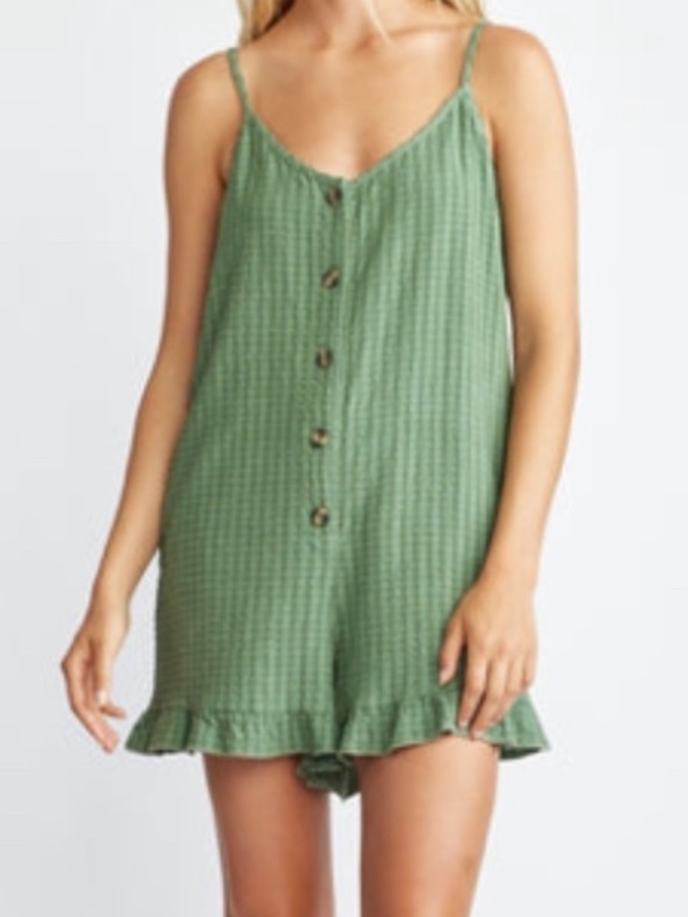 NWOT SELF CONTRAST Riva Green Button-Front Romper with Ruffle Hem Medium
